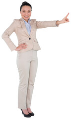 Digital png photo of smiling asian businesswoman pointing on transparent background