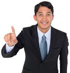 Digital png photo of smiling asian businessman pointing on transparent background