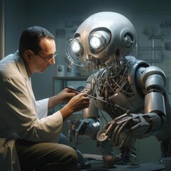 A man treats a robot