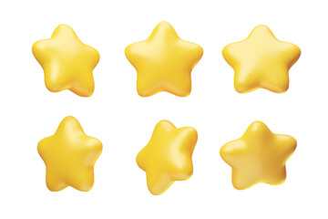 3d rotating golden glossy stars set 3d realistic style. Metallic yellow stars from different angles. Leadership, game award, customer feedback symbol vector illustration isolated on white background