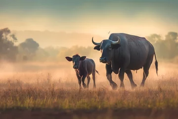 Crédence de cuisine en verre imprimé Buffle a mother buffalo and her calf