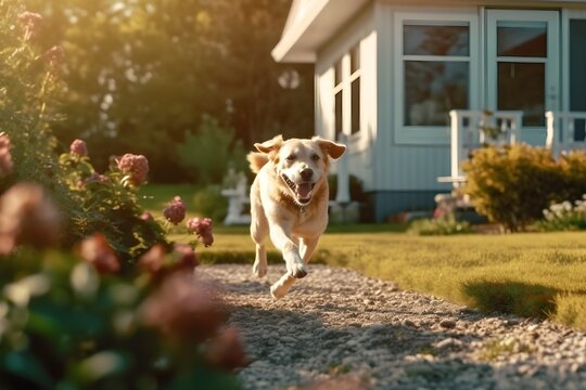 a dog is running in the yard