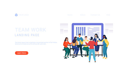 Teamwork Concept Based Landing Page Design in Blue Color, Illustration of Business People Working Together on Workplace.