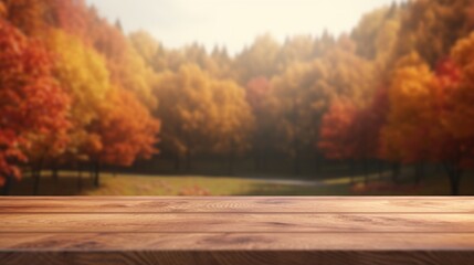 Naklejka na ściany i meble Empty Wooden Table for Product Display on Autumn Nature Background. Generative Ai