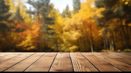 Naklejka na ściany i meble Empty Wooden Table for Product Display on Autumn Nature Background. Generative Ai