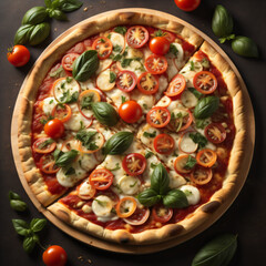 A tantalizing gourmet pizza, featuring a thin and crispy crust topped with a medley of fresh ingredients such as tomatoes, basil, mozzarella, and a drizzle of olive oil