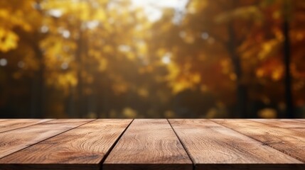 Empty Wooden Table for Product Display on Autumn Nature Background. Generative Ai