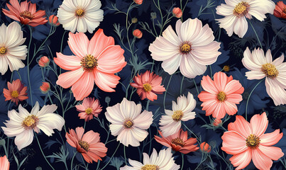  a bunch of pink and white flowers on a black background.  generative ai