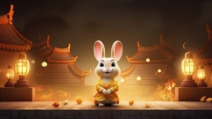 Cheerful Rabbit Celebrating Mid Autumn, Happy Mid Autumn Festival Background. Generative Ai