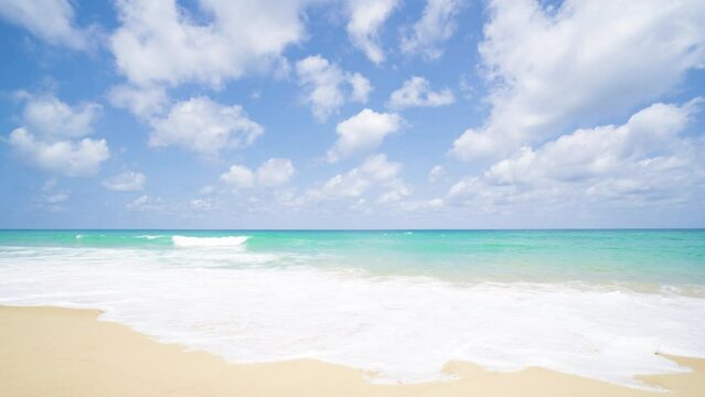 Beautiful tropical beach with blue sky and white clouds abstract background.