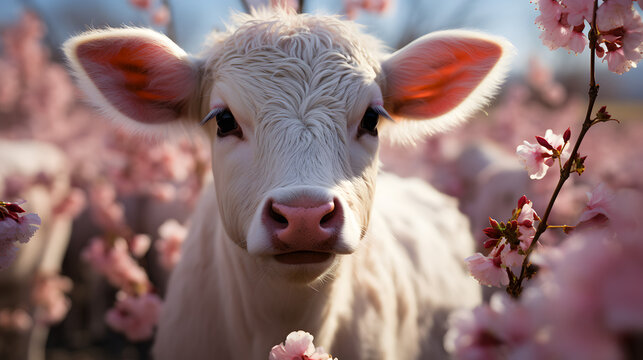 white cow inside pink flowers