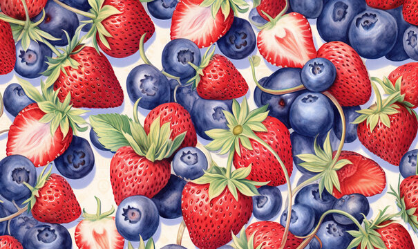  a painting of strawberries and blueberries on a white background.  generative ai