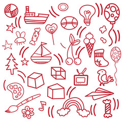 Set of vector doodle element related to startup. Set of hand drawn fresh tech company symbols and icons.