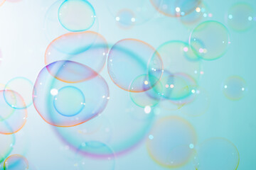 Beautiful Transparent Colorful Soap Bubbles Floating in The Air. Soap Sud Bubbles Water. Abstract Background	
