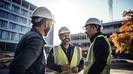 Generative AI Construction manager talking about architectural plan at construction site - obrazy, fototapety, plakaty