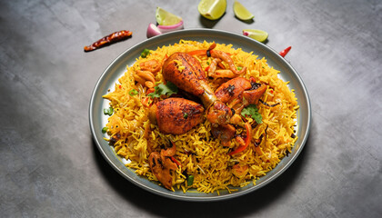 plate of biryani colorful spices chicken tasty South Asian Desi Food Grey Background