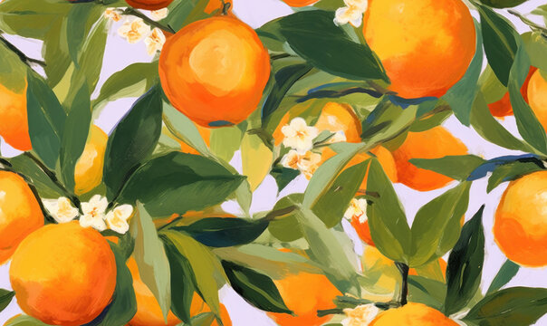 Mandarins seamless pattern. Citrus fruits wallpaper. For fabric design, card.