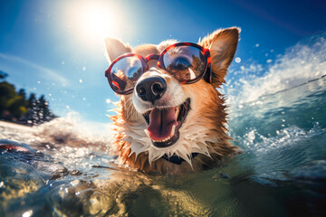 Cute corgi wearing glasses swimming the beach in summer time and wave water background , Generative Ai