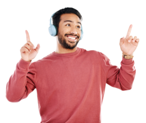 Headphones, music and male model dancing with energy while streaming the radio, album or playlist. Excited, happy and young man moving and listening to a song isolated by transparent png background.