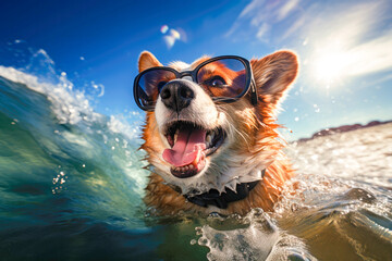 Cute corgi wearing glasses swimming the beach in summer time and wave water background , Generative Ai