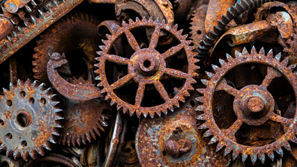 many old rusty metal gears or machine parts - obrazy, fototapety, plakaty