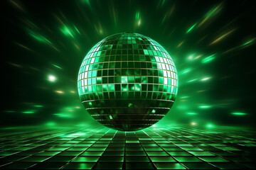 gr&uuml;ne Discokugel mit Lichtern und Lichteffekten. Querformat. Generative Ai.