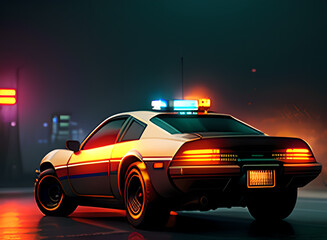 Police car concept on the background of the night city, cyberpunk style Generative AI