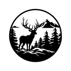 Vector vintage forest landscape with black and white silhouettes of trees and wild animals, vector illustration.