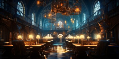 Obraz premium medieval library, gothic reading room interior with desks, old mysterious castle, fictional interior created with generative ai