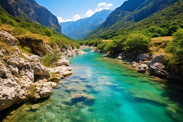 Naklejka na ściany i meble River moraca, canyon platije. montenegro, canyon, mountain road. picturesque journey, beautiful mountain turquoise river photography