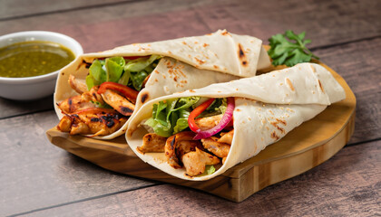 Chicken Veg Wrap Traditional roll kebab paratha tikka wrap served on a wooden plank with chutney...