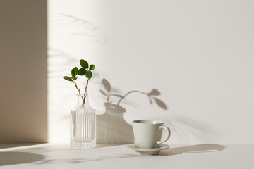 A room with various objects such as warm sunlight, shadows of grass leaves, a vase on a table, and cups