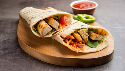 Chicken Veg Wrap Traditional roll kebab paratha tikka wrap served on a wooden plank with chutney and salad, selective focus.