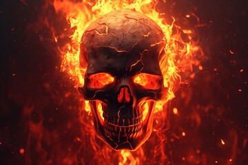 Front view of a burning human skull, creepy bones of a dead man in flames. Illustration of death, mysticism, hell concept