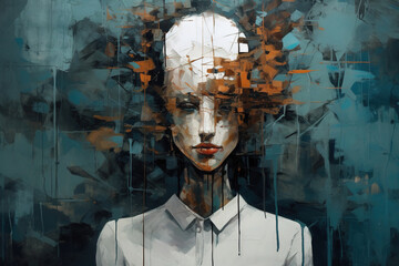 Psychology, mental health, emotion, heartache art illustration. Abstract portrait of a faceless person, canvas