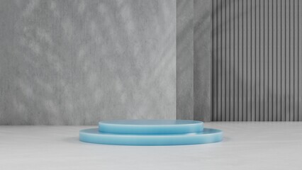 Cylindrical blue podium on a gray background. product presentation, layout, cosmetic product show, 3d illustration