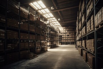 A spacious storage facility stocked with iron racks holding numerous brown cartons. Generative AI
