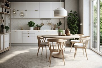 Fototapeta na wymiar Stylish kitchen: white wooden walls, tiled floor, round dining table, white seats. Generative AI