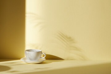 A room with various objects such as warm sunlight, shadows of grass leaves, a vase on a table, and cups