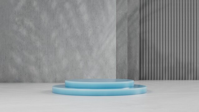 Cylindrical blue podium on a gray background. product presentation, layout, cosmetic product show, 3d illustration