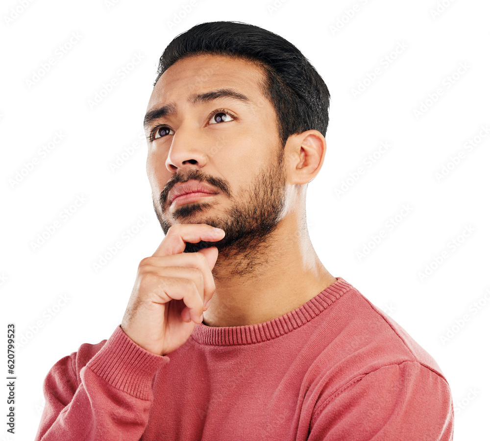 Aufkleber serious, thinking and asian man with ideas, solution and guy isolated against a transparent backgrou