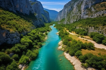 Fototapeta na wymiar River moraca, canyon platije. montenegro, canyon, mountain road. picturesque journey, beautiful mountain turquoise river photography
