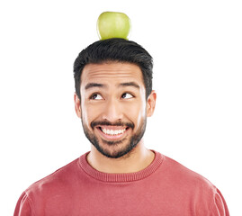 Nutrition, balance and asian man with apple for healthy diet in png or isolated and transparent background. Happy, guy and fruit on head for detox for wellness in food for vegan with vitamins.