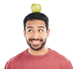 Nutrition, balance and asian man with apple for healthy diet in png or isolated and transparent background. Happy, guy and fruit on head for detox for wellness in food for vegan with vitamins.