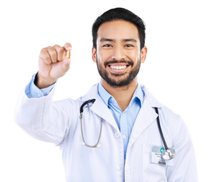 Pills, medicine and doctor with portrait of man on png for healthcare, supplements and treatment. Happy, medical and pharmacy with person isolated on transparent background for wellness prescription