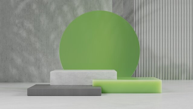 Rectangular 3d podiums. A green circle on a gray background. product presentation, layout, demonstration of cosmetic products, 3d illustration
