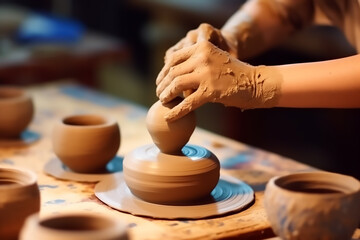Closeup shot of pottery making using clay