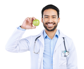 Happy asian man, portrait and doctor with apple in healthy diet isolated on a transparent PNG background. Male person, medical or healthcare professional smile with organic fruit in natural nutrition