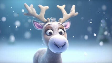 3d cute reindeer mascot character design in winter eve background. Merry christmas and happy new year banner design concept. Generative AI