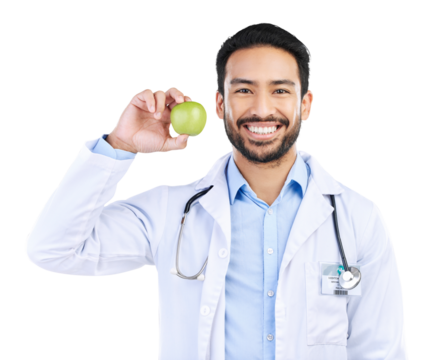 Happy asian man, portrait and doctor with apple in healthy diet isolated on a transparent PNG background. Male person, medical or healthcare professional smile with organic fruit in natural nutrition